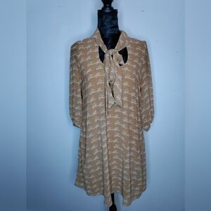 Calvin Klein Beige Long Sleeve Dress with Signature Print